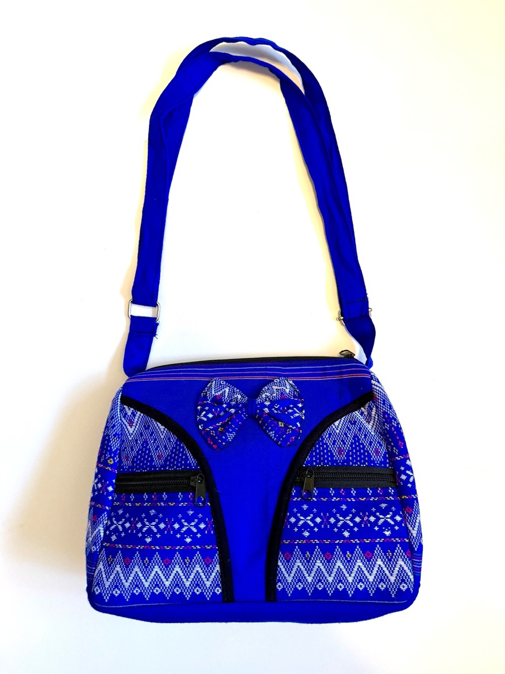 Blue Embroidery Patterned Crossbody Bag with Bow Accent